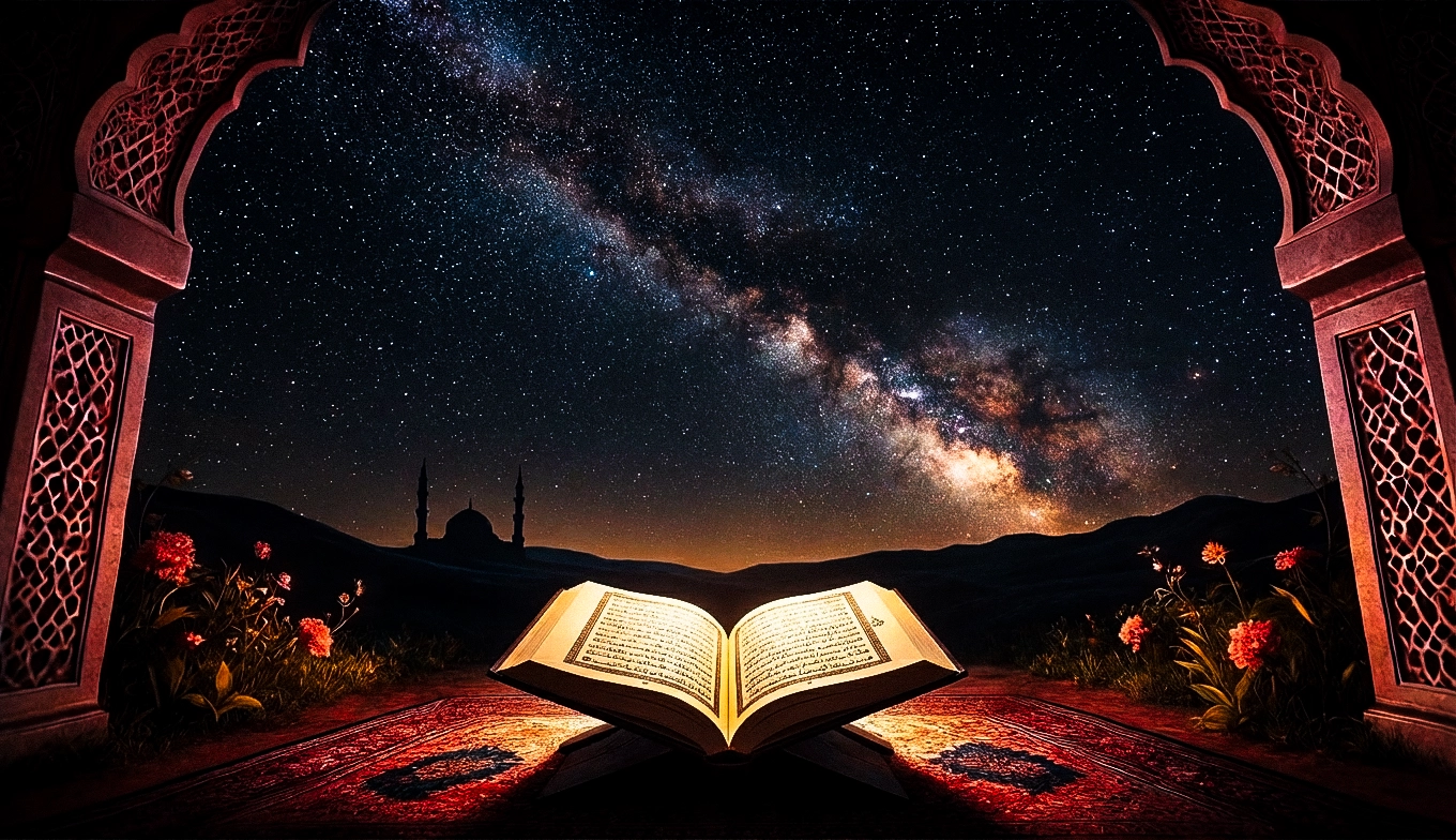 Open Quran under a peaceful night sky